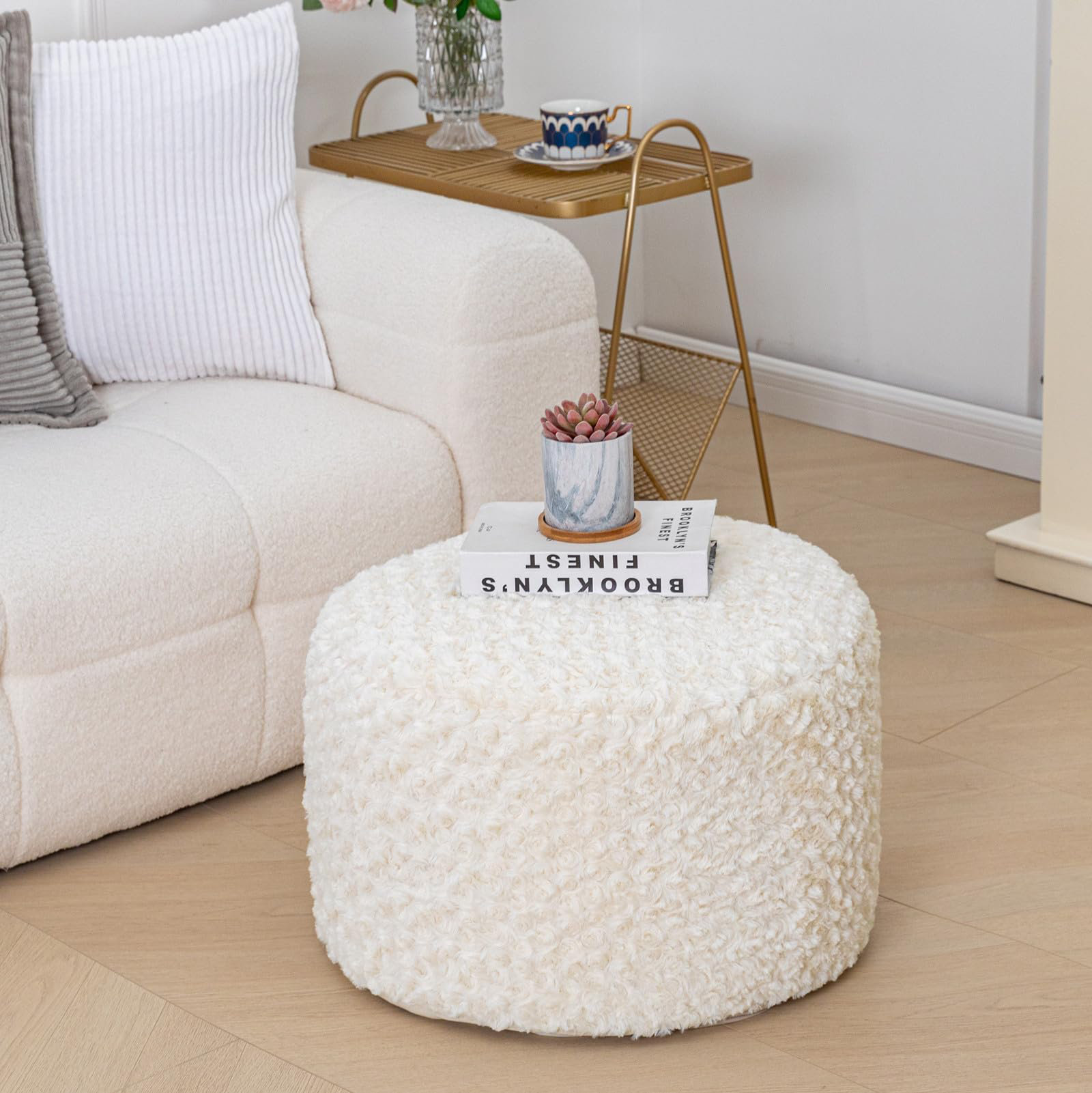 オットマン Hand-stitched Woven Pouf Seat RAJRANG Ottoman Round Pouf – Ivory